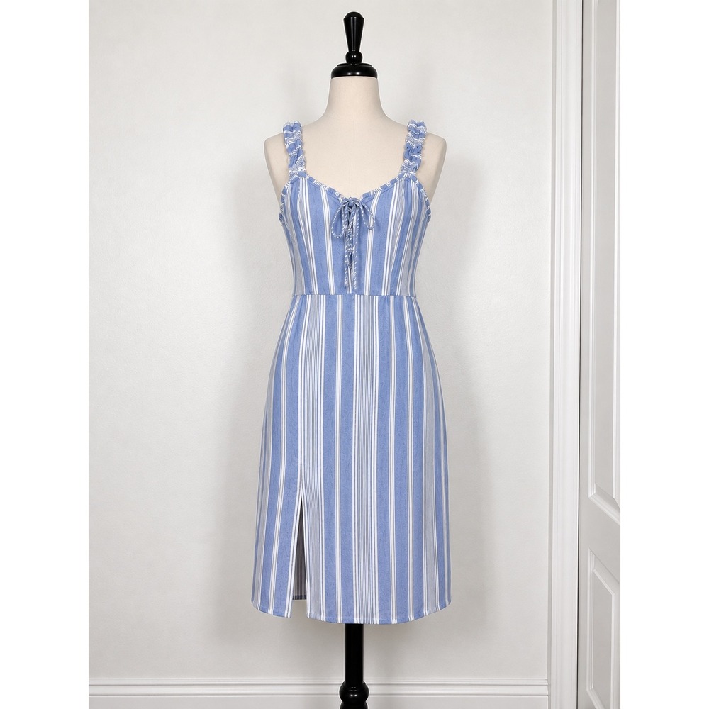 Apercu Blue White Striped Linen Blend Smocked Midi Dress Ruffle Straps Medium